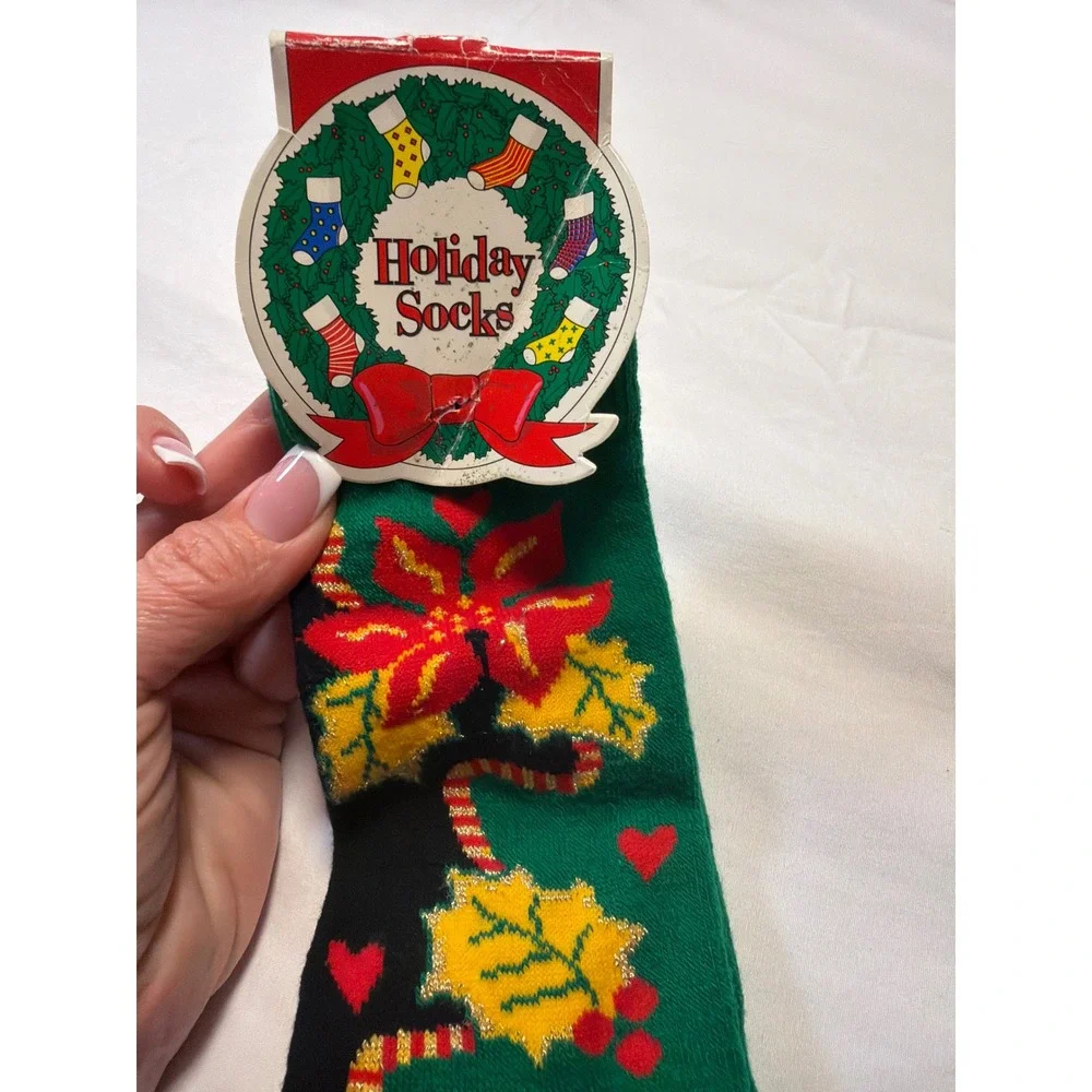 Vintage Ben Berger Christmas Socks Green Black Poinsettia Candy Cane Glitter NWT